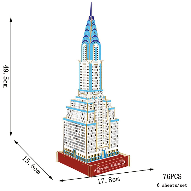 Chrysler Building model puzzle with dimensions and piece count on a white background