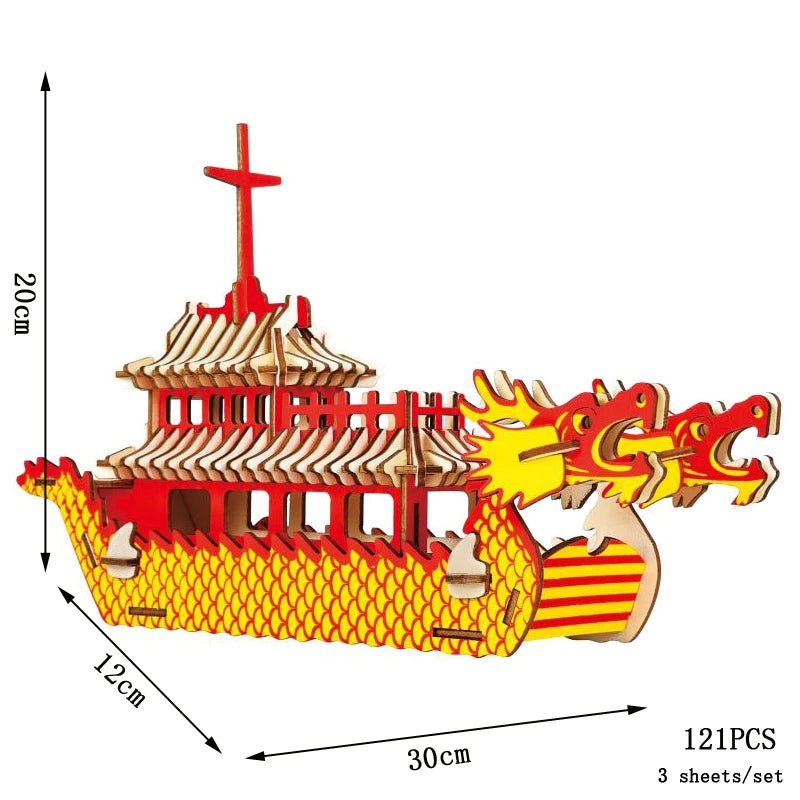 3D puzzle dragon boat with dimensions and piece count on a white background