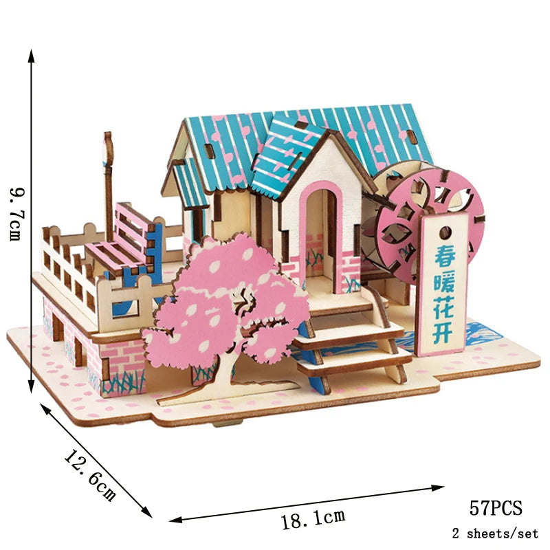 Wooden model kit with cherry blossom tree and house, showing dimensions and piece count.