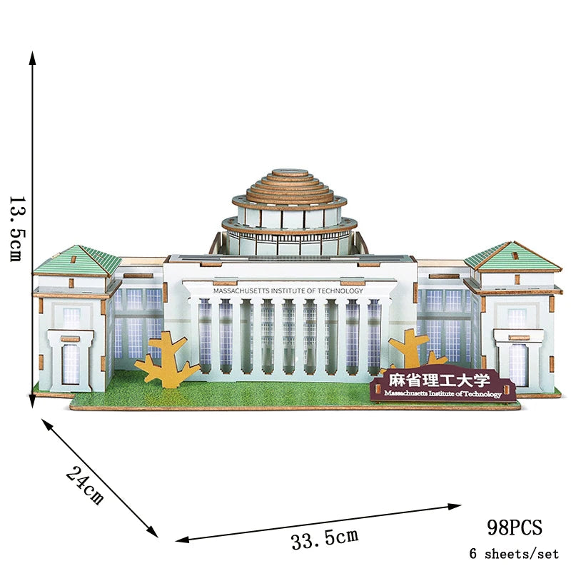 Model of a building with dimensions and piece count displayed