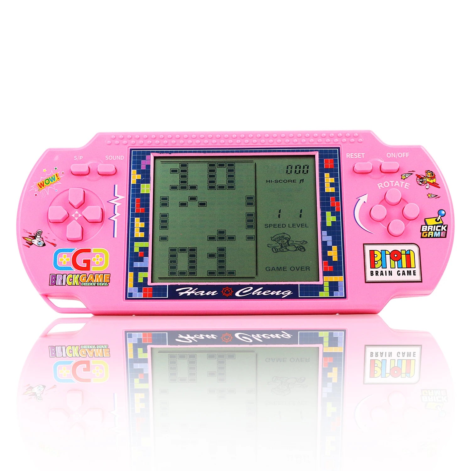 Pink handheld electronic game with digital display on a white background