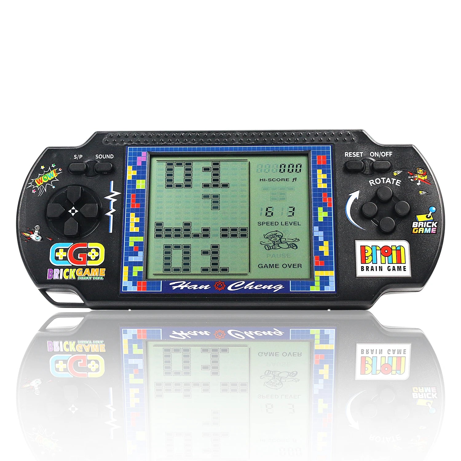 Handheld electronic game console with Tetris-like display on a white background