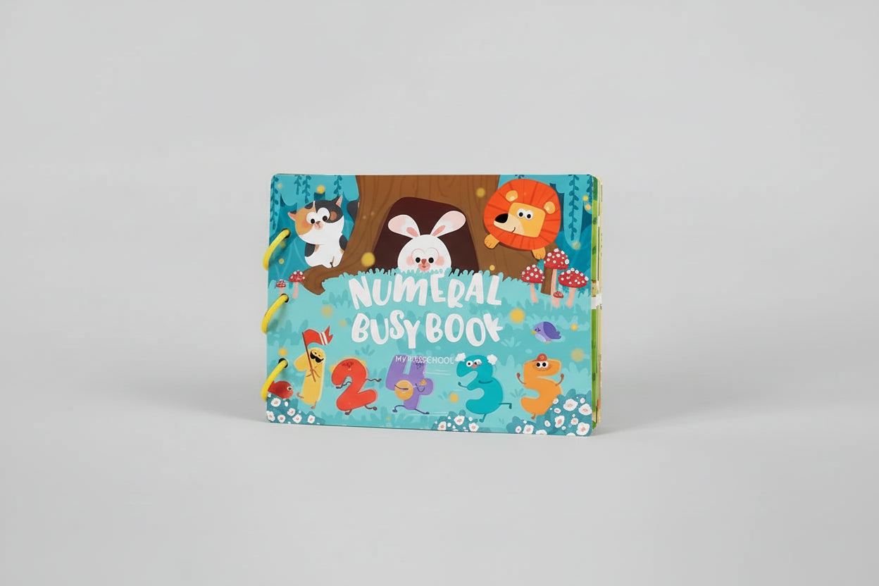 Children's educational book titled 'Numerals Busy Book' with colorful illustrations on a light green background.