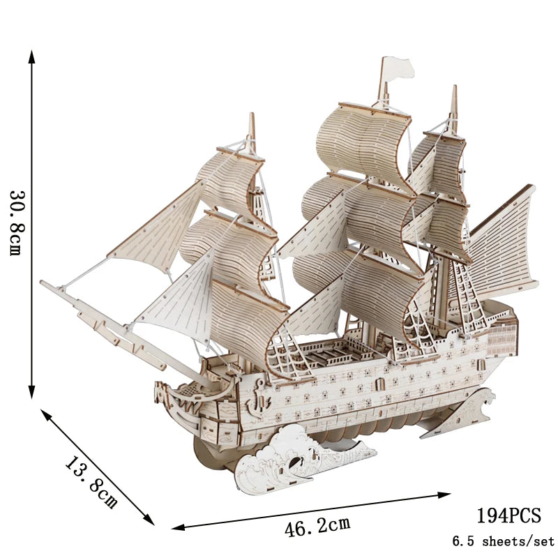 Wooden ship model puzzle with dimensions and piece count on a white background
