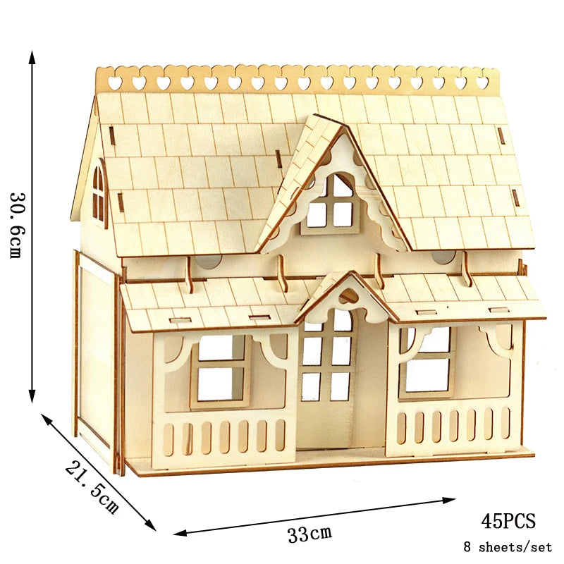Wooden house model kit with dimensions and piece count on a white background