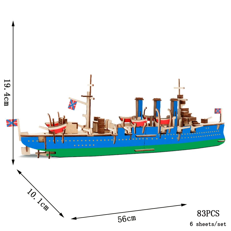 Wooden ship model with dimensions and piece count on a white background