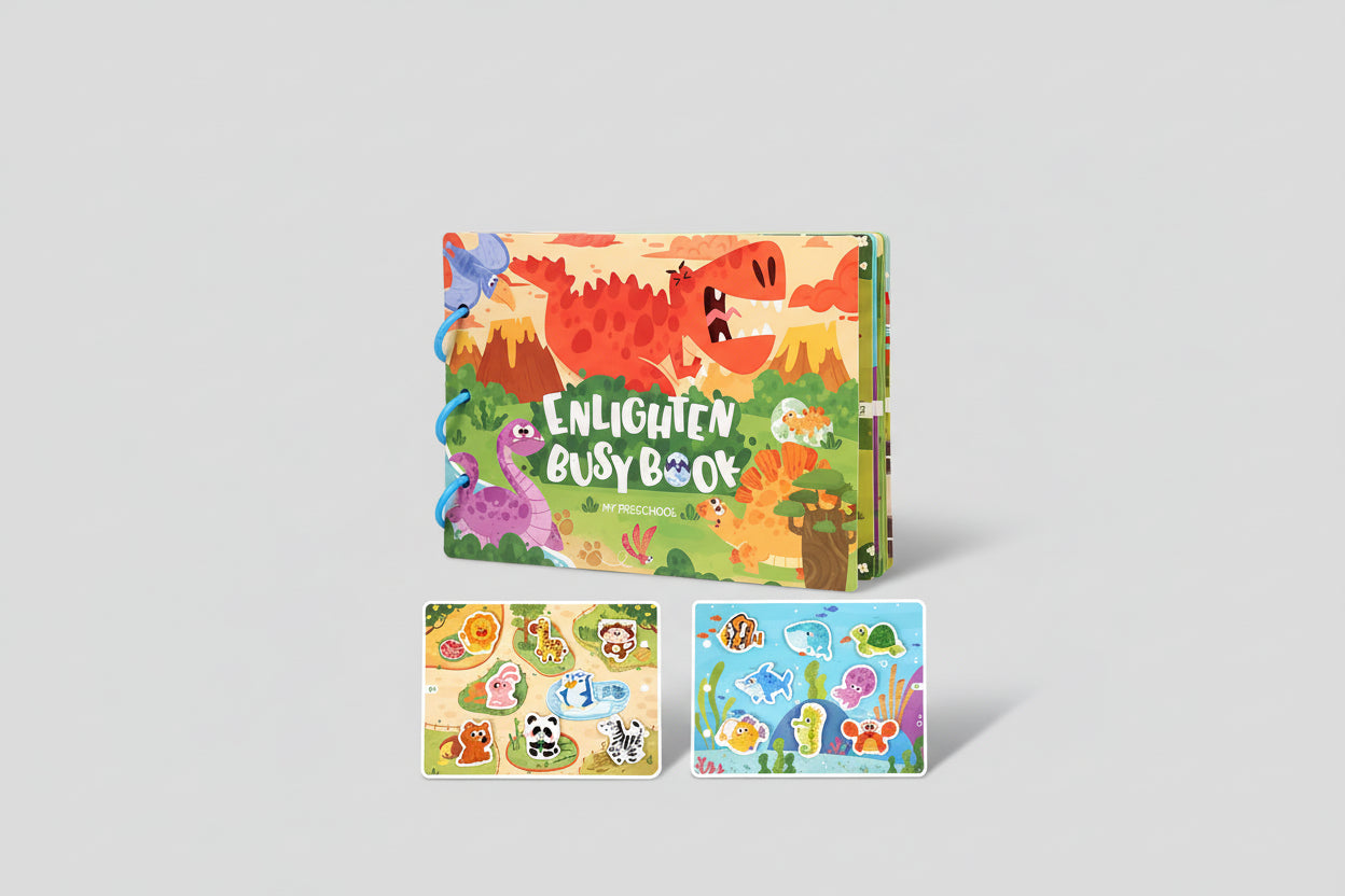 Colorful children's busy book with dinosaur illustrations on a green background