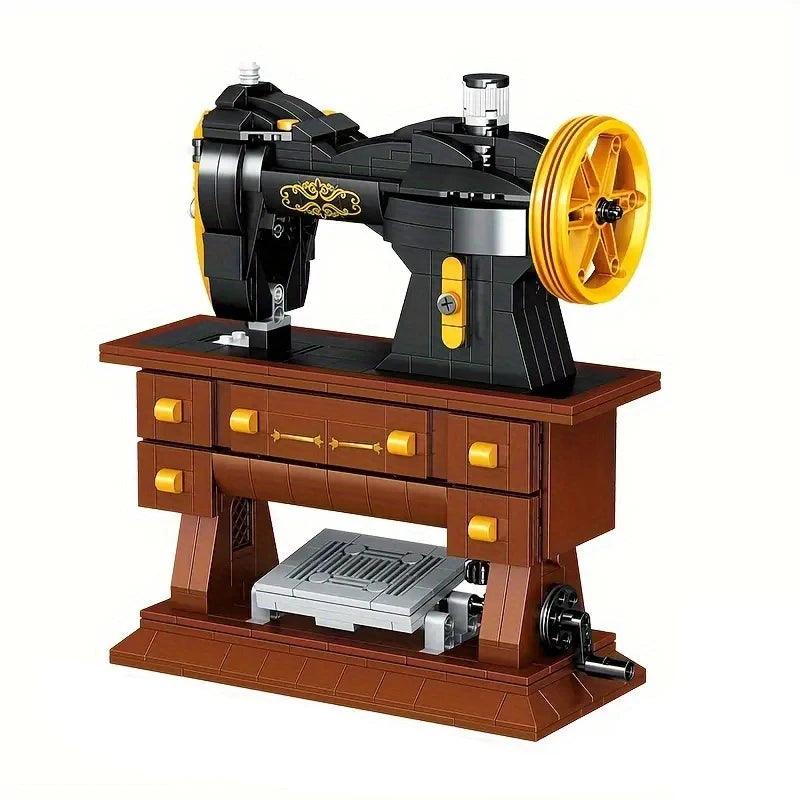 Model sewing machine on a wooden stand with yellow accents