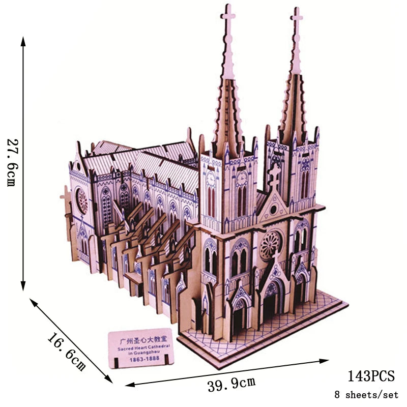Cardboard model of a cathedral with dimensions and piece count on a white background