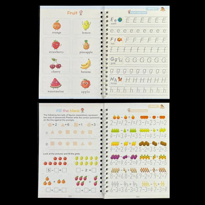 Educational book with fruit illustrations and letter tracing on a white background