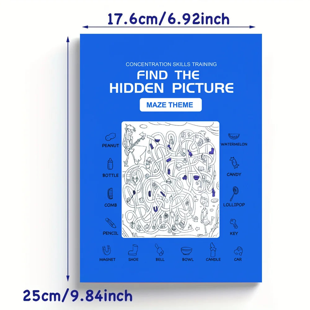 Blue book cover with maze-themed activity for concentration skills training, showing dimensions.