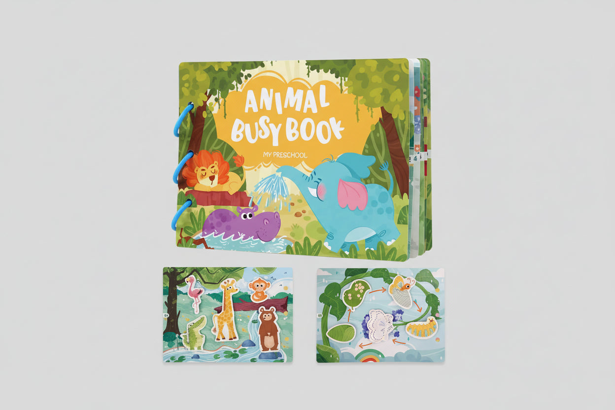 Children's book titled 'Animal Busybook' with forest animal illustrations on a yellow background.