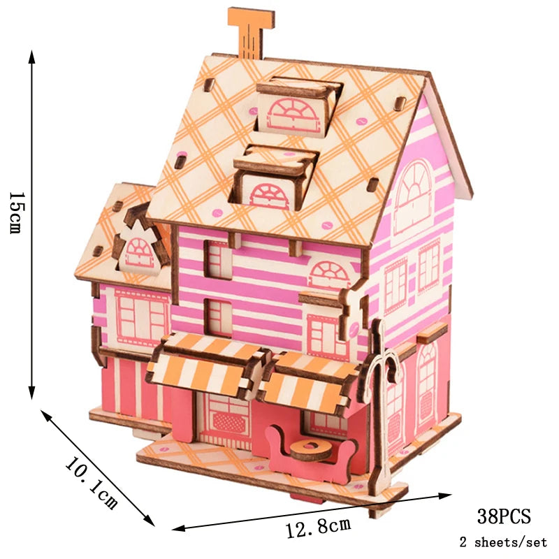 Pink and orange dollhouse model with dimensions and piece count on a white background