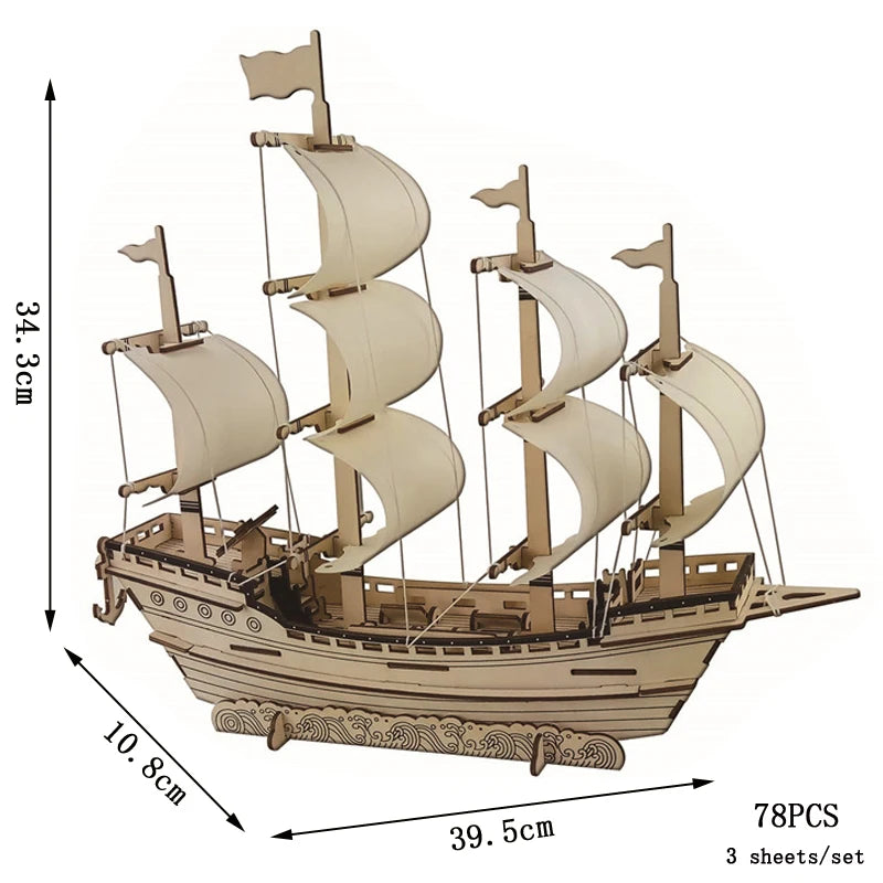 Wooden ship model kit with dimensions and piece count on a white background