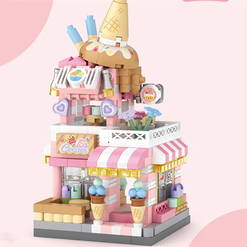 Toy ice cream shop set with colorful details on a pink background