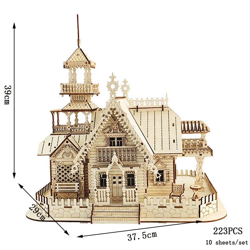 Wooden model house kit with dimensions and piece count on a white background