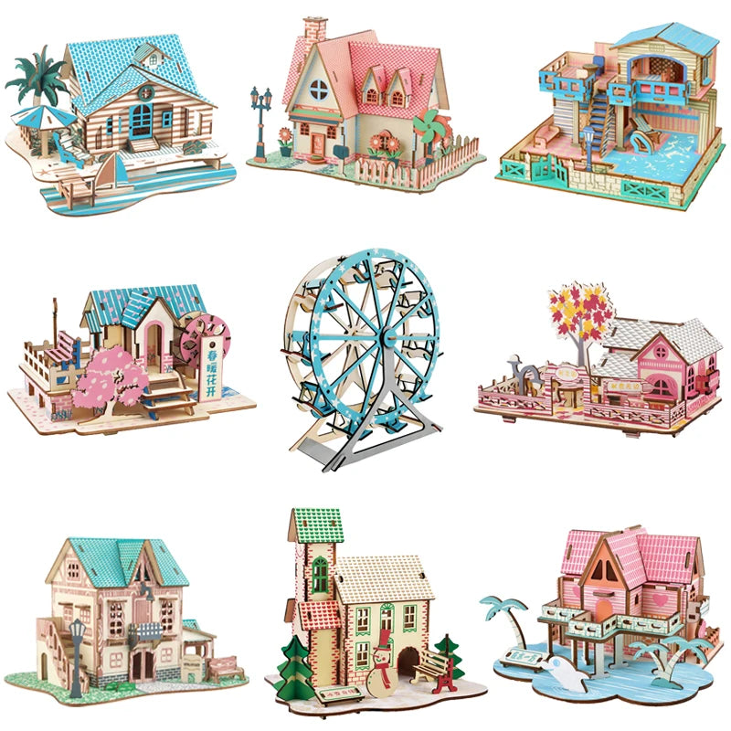 Set of colorful miniature model houses and a Ferris wheel on a white background