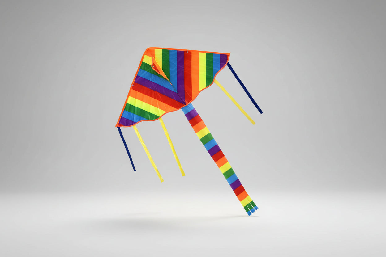 Colorful kite with a rainbow pattern on a white background