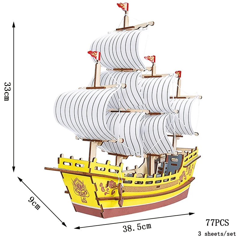 Model ship kit with dimensions and piece count on a white background