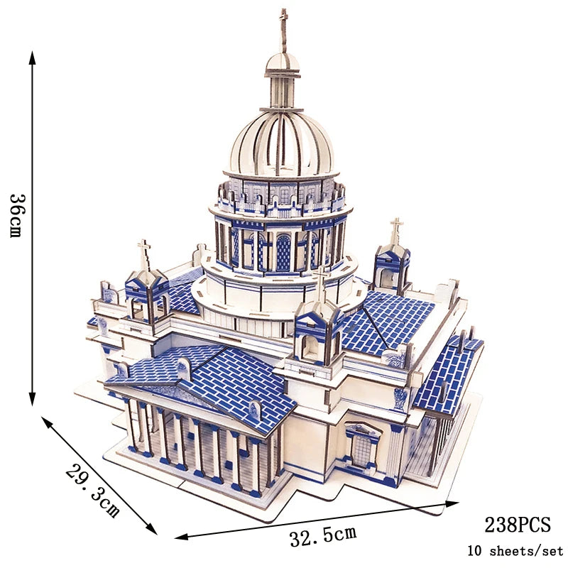 3D architectural model kit with dimensions and piece count on a white background