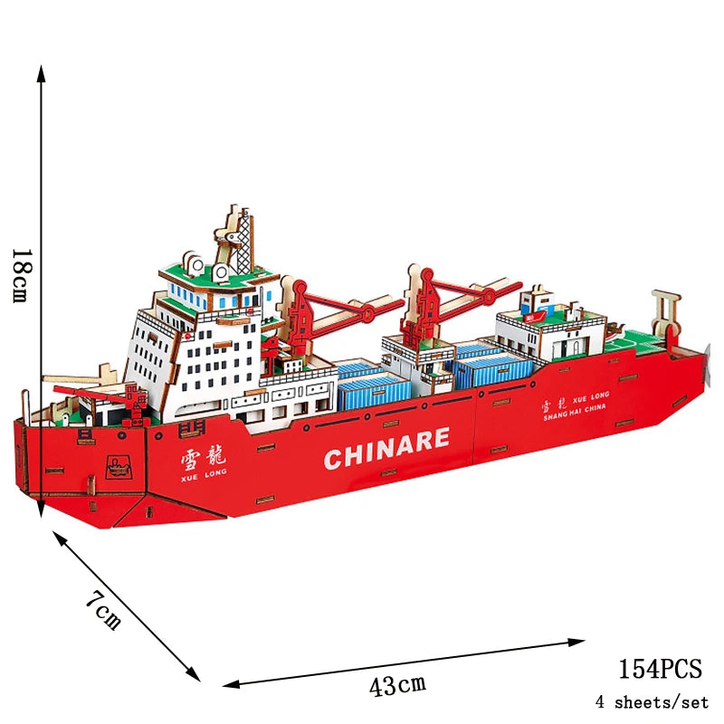 Red ship model with dimensions and piece count on a white background