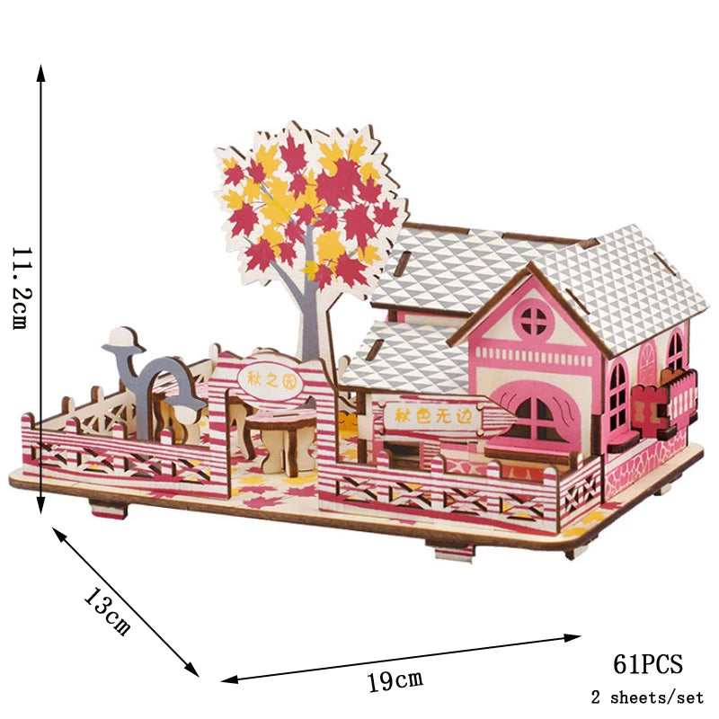 Pink toy house with tree and measurements on a white background