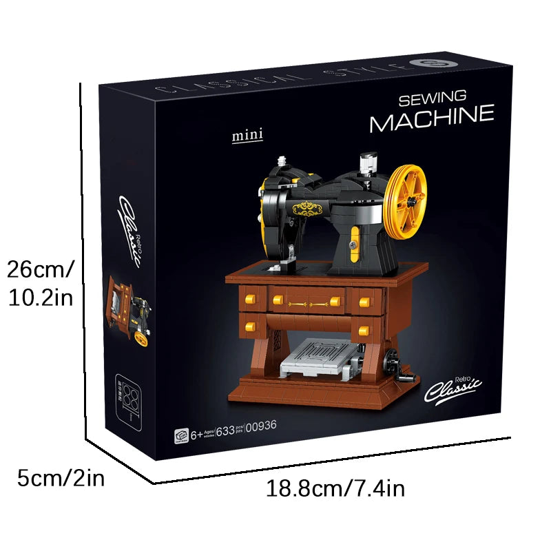 Boxed miniature sewing machine with dimensions indicated on a white background