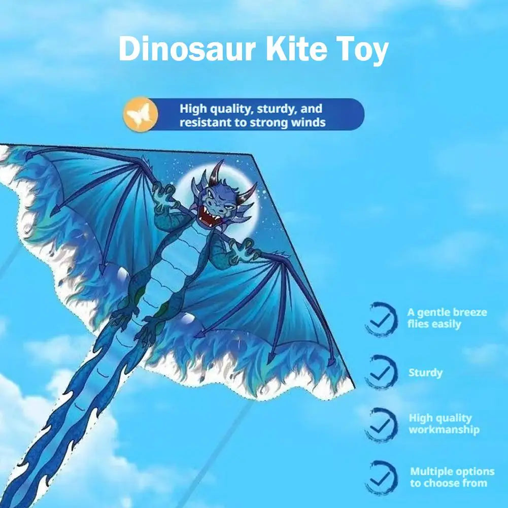 Dinosaur kite toy with blue dragon design against a clear sky, featuring text about its qualities.