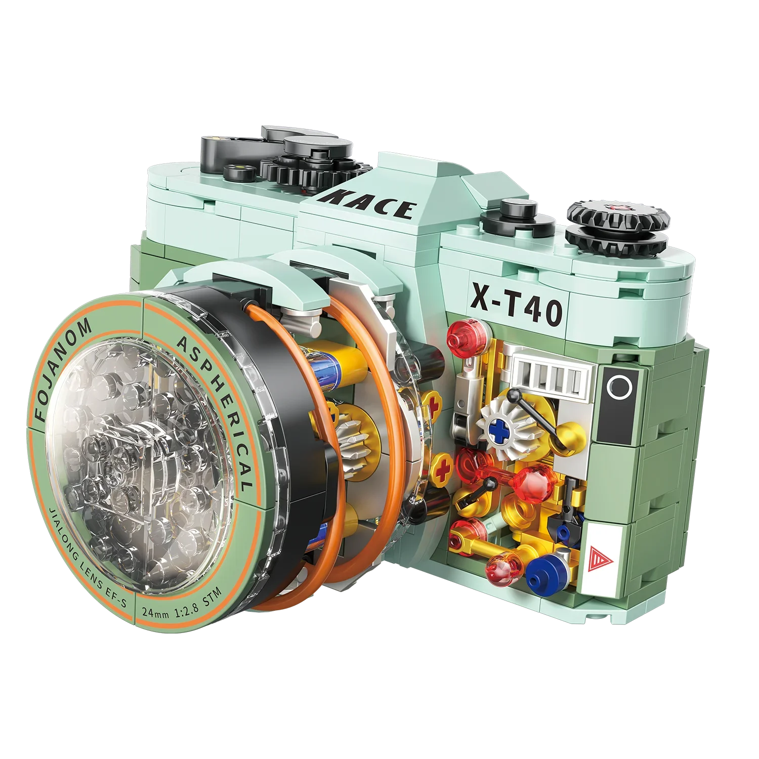 LEGO model of a camera with intricate details on a white background