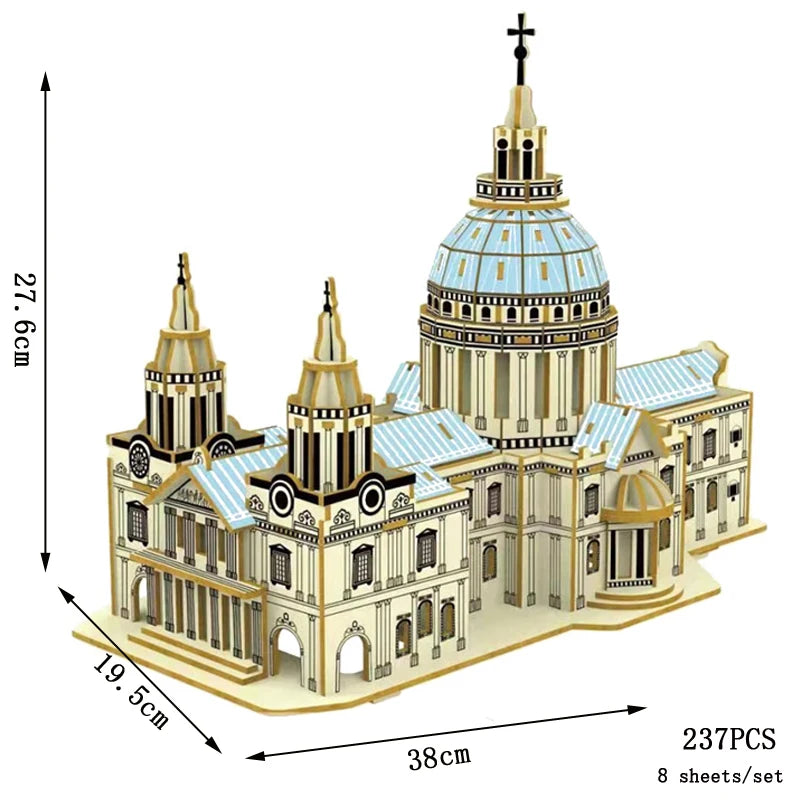 Model of a cathedral with dimensions and piece count displayed