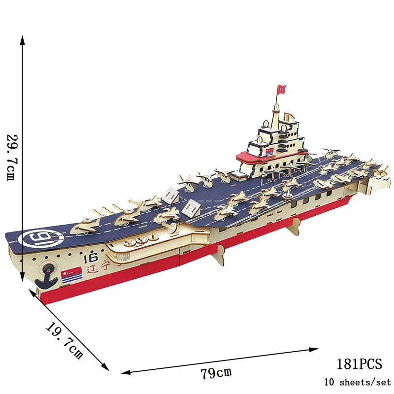 Wooden aircraft carrier model with dimensions and piece count on a white background