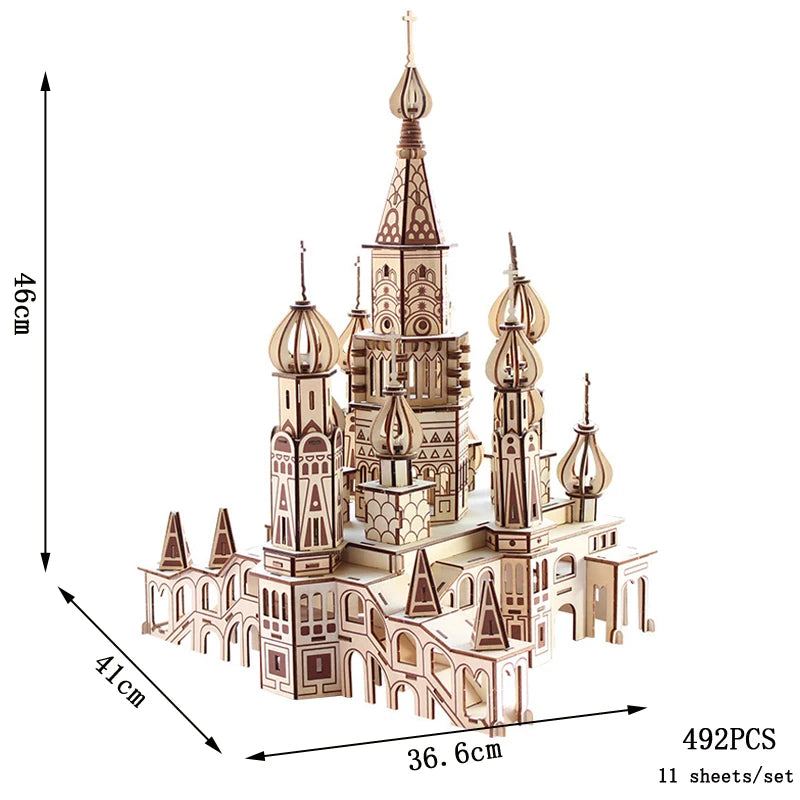 Wooden castle model puzzle with dimensions and piece count on a white background
