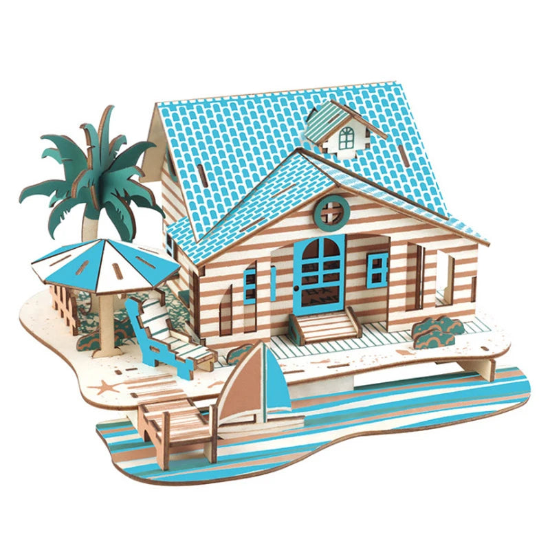 Wooden beach house puzzle with palm tree and umbrella on a white background