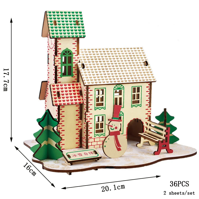 Wooden Christmas village house model with measurements and piece count on a white background
