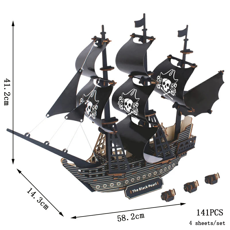 Pirate ship model with dimensions and piece count on a white background