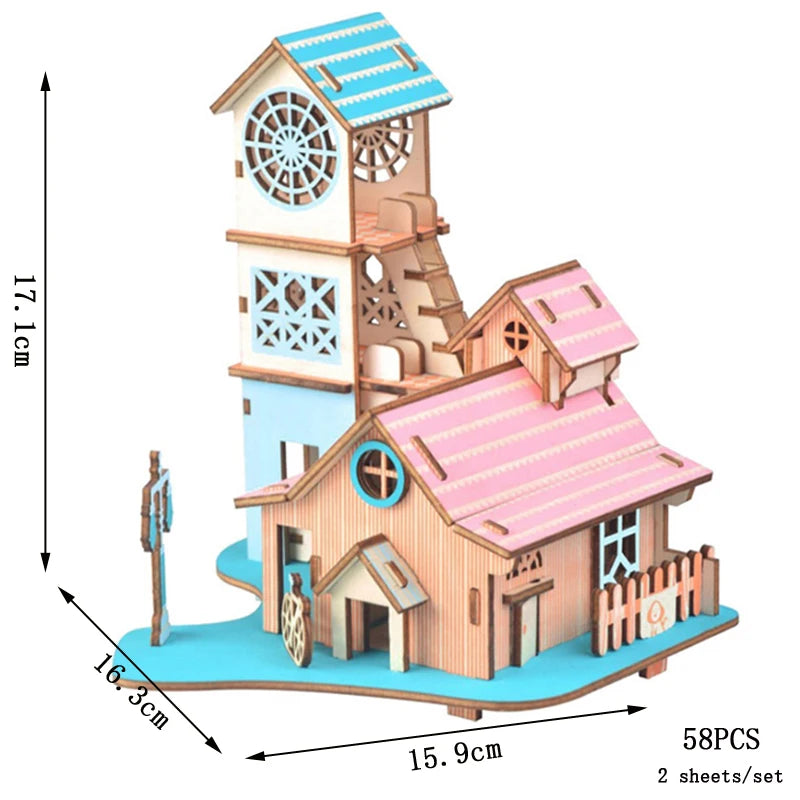 3D puzzle model of a colorful building with dimensions and piece count displayed.