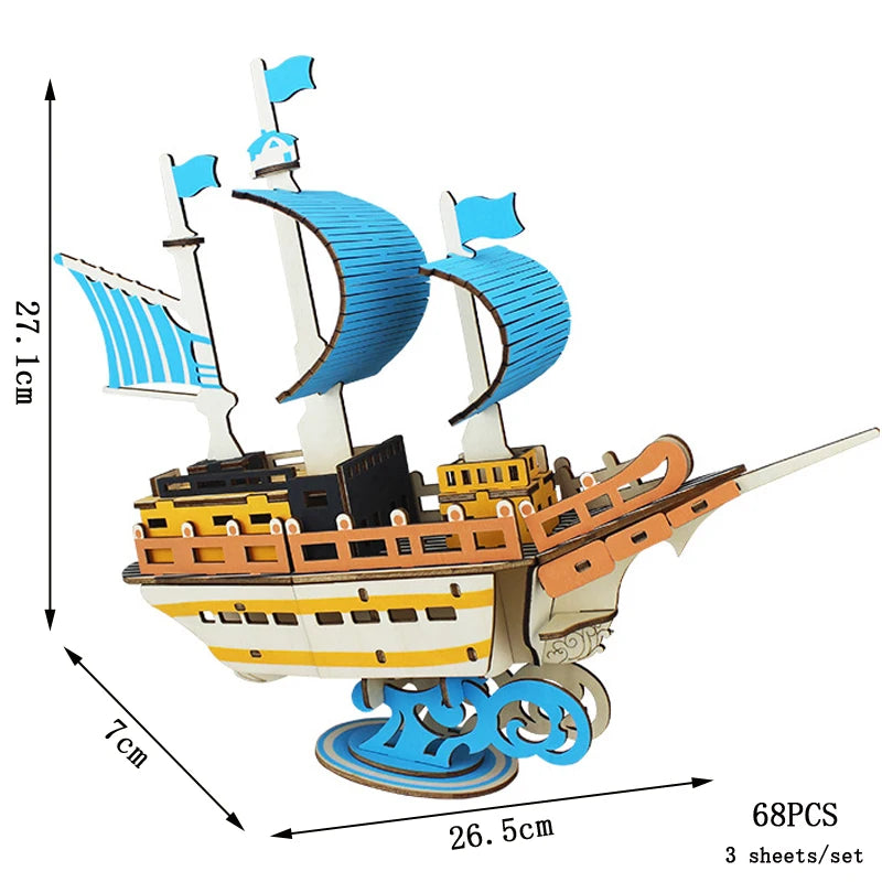 3D puzzle ship model with dimensions and piece count on a white background