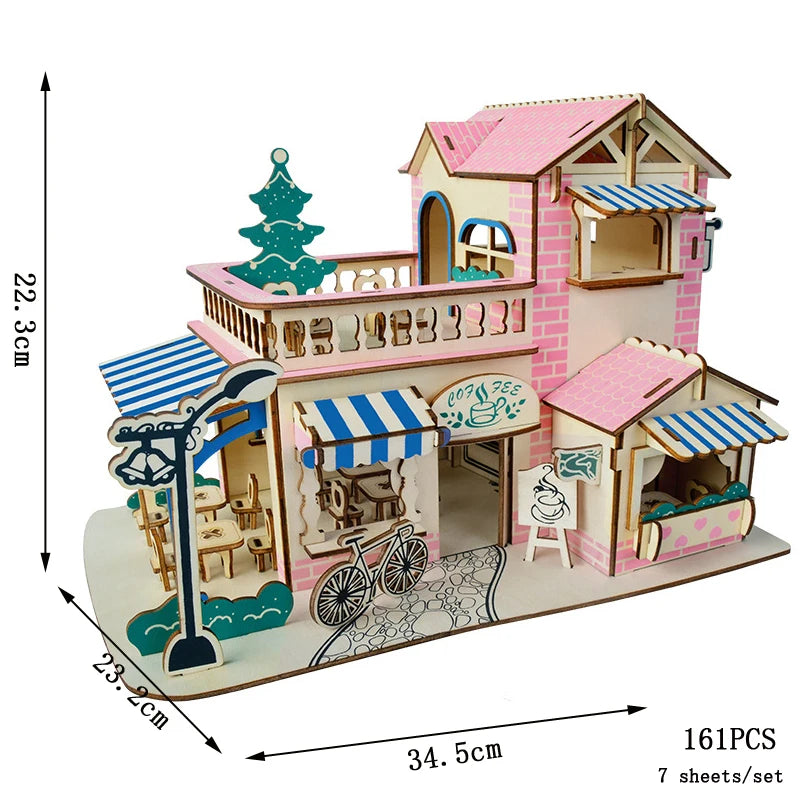 Wooden model of a colorful building with measurements and piece count on a white background