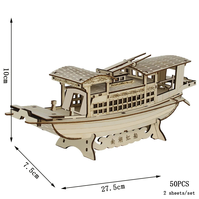 Wooden boat model with dimensions and piece count on a white background