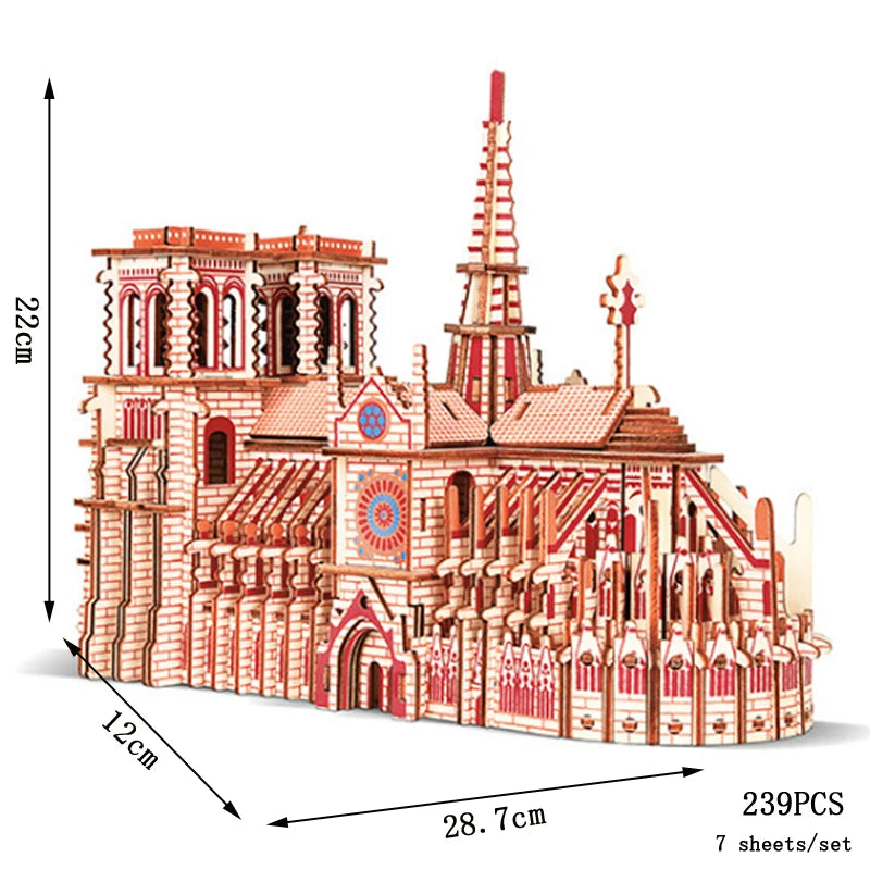 3D puzzle model of a cathedral with dimensions and piece count on a white background