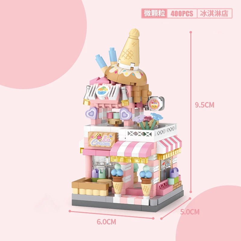 Toy ice cream shop set with dimensions on a pink background