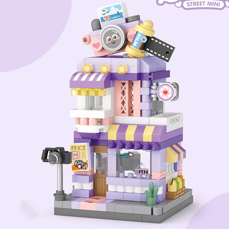 Toy building set with pastel colors on a light purple background