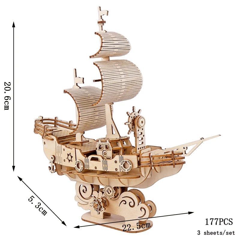 Wooden ship model kit with dimensions and piece count on a white background