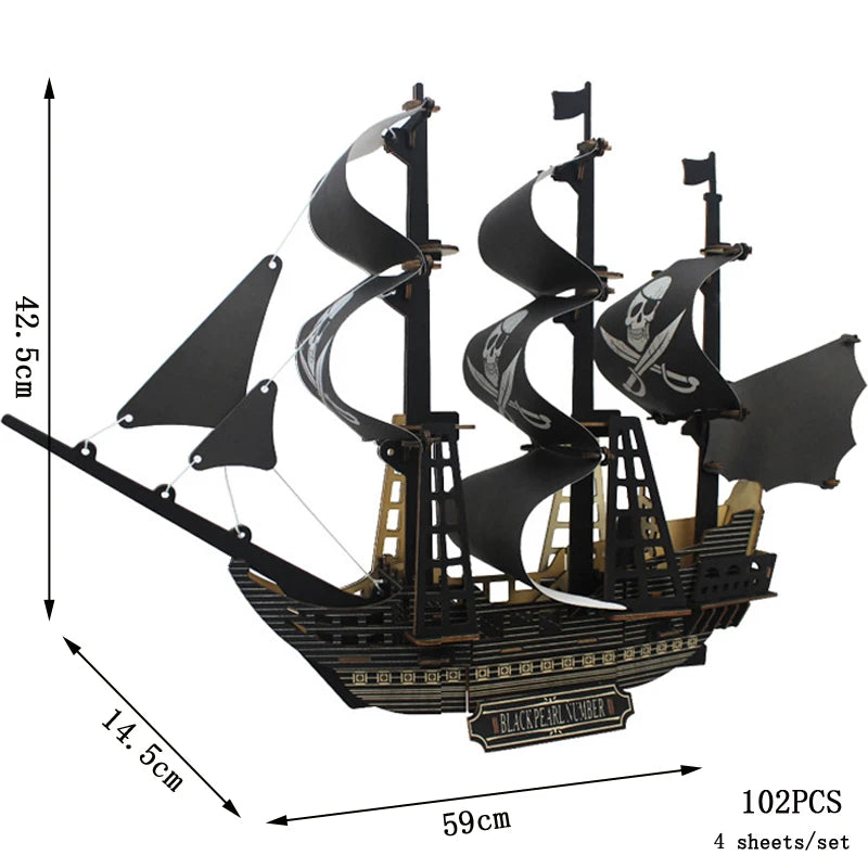 Pirate ship model kit with dimensions and piece count on a white background