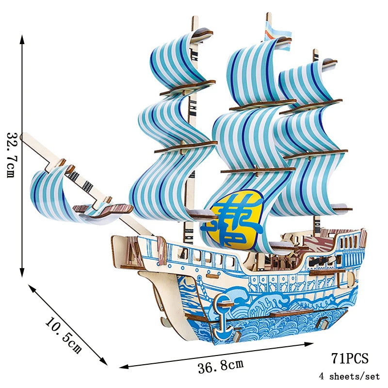 3D ship model puzzle with blue and white striped sails and dimensions displayed.