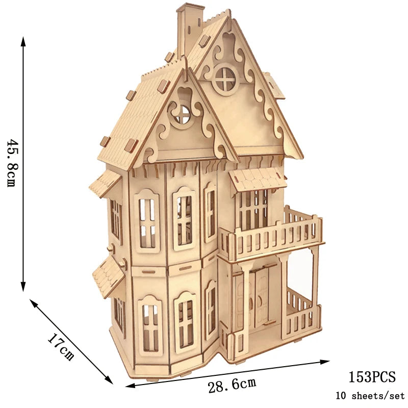 Wooden house model kit with dimensions and piece count on a white background
