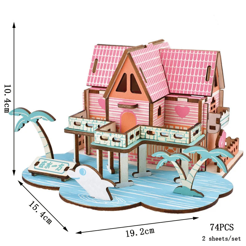 Cardboard house model kit with dimensions and pieces count on a white background