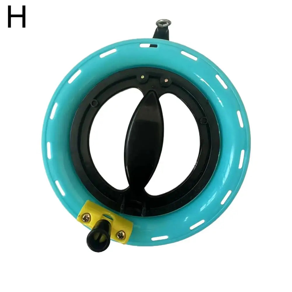 Turquoise fishing reel with black spool on a white background