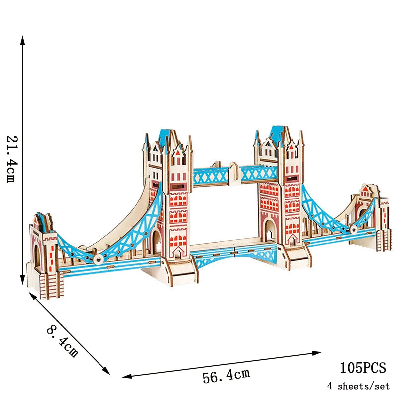 3D puzzle model of Tower Bridge with dimensions and piece count on a white background