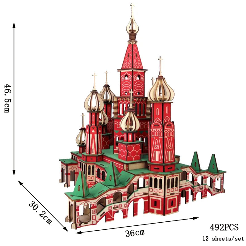 Red and green architectural model with dimensions and piece count on a white background